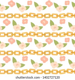 cute lovely trendy seamless vector pattern background illustration with golden chains and pink flowers