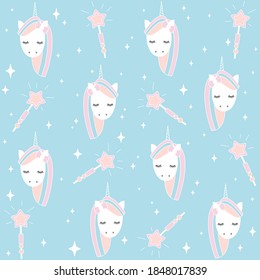 Cute lovely unicorn and magic wand cartoon seamless vector pattern background illustration