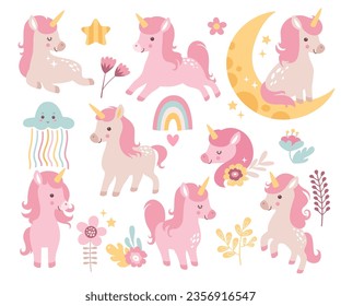 Bonitos unicornios mágicos de fantasía animal caballo o poni ambientado con la luna creciente, flores, hojas, nubes y arcoiris de decoración infantil conjunto. Colorida niña bebé ducha estilo boho ilustración vector