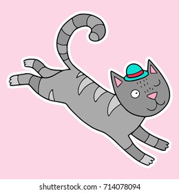 Cute lovely vector cat illustration. Kitten is funny and wearing the hat.