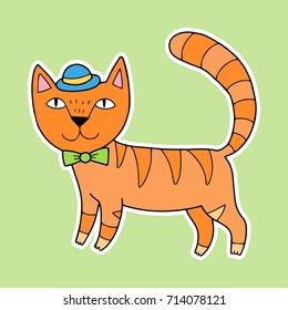 Cute lovely vector cat illustration. Kitten is funny and wearing the hat.