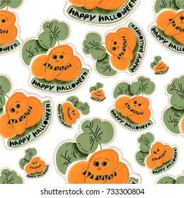 cute and lovely vector pumpkin Halloween pattern with face, leaves and text Happy Halloween. for packaging paper, wallpaper, baby room wallpaper, cover or other prints. easy for transformation. 
