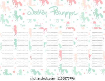 cute lovely vector weekly planner template with unicorns stationery organizer for daily plans