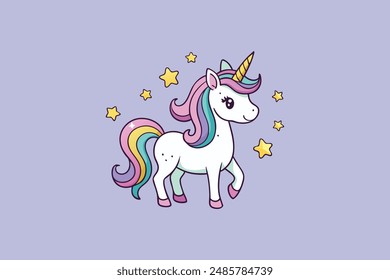  Cute lovely whimsical unicorn surrounded by twinkling stars vector cartoon illustration