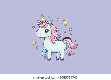  Cute lovely whimsical unicorn surrounded by twinkling stars vector cartoon illustration