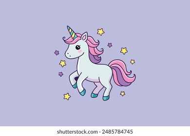  Cute lovely whimsical unicorn surrounded by twinkling stars vector cartoon illustration