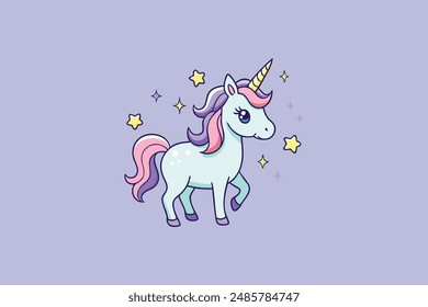  Cute lovely whimsical unicorn surrounded by twinkling stars vector cartoon illustration