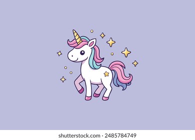  Cute lovely whimsical unicorn surrounded by twinkling stars vector cartoon illustration