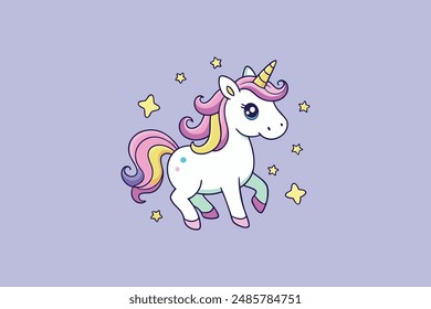  Lindo y encantador unicornio caprichoso rodeado de estrellas centelleantes ilustración de dibujos animados de Vector