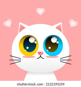 Cute lovely white cat yellow and blue eye (khao manee) with pink heart sticker concept love valentine day cartoon character vector design.