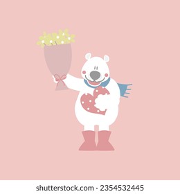 cute and lovely white polar bear with flower and heart, happy valentine's day, love concept, flat vector illustration cartoon character costume design