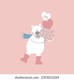 cute and lovely white polar bear with heart, happy valentine's day, love concept, flat vector illustration cartoon character costume design