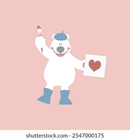 cute and lovely white polar bear with paintbrush drawing heart, happy valentine's day, love concept, flat vector illustration cartoon character costume design