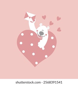 cute and lovely white polar bear with heart and love letter, happy valentine's day, love concept, flat vector illustration cartoon character costume design