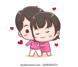 Cute lover couple hugging. Boy and girl embrace share intimate close tender moment together. Valentines day and relationships concept design. Chibi cartoon style vector illustration
