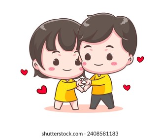 Cute lover couple show heart hand gesture. Boy and girl demonstrate love sign share affection and care. Valentines day and relationships concept design. Chibi cartoon style vector illustration