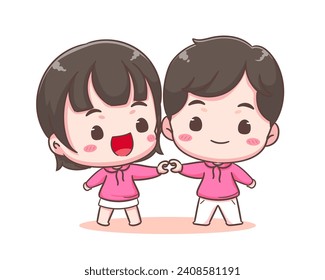 Cute lover couple show heart hand gesture. Boy and girl demonstrate love sign share affection and care. Valentines day and relationships concept design. Chibi cartoon style vector illustration