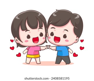Cute lover couple show heart hand gesture. Boy and girl demonstrate love sign share affection and care. Valentines day and relationships concept design. Chibi cartoon style vector illustration