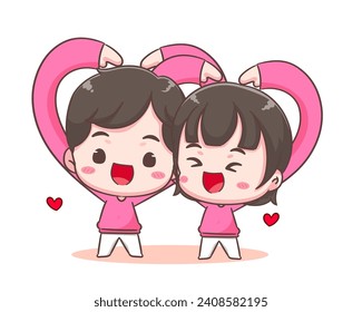 Cute lover couple show heart hand gesture. Boy and girl demonstrate love sign share affection and care. Valentines day and relationships concept design. Chibi cartoon style vector illustration