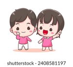 Cute lover couple spending time together. Boy and girl with greeting pose. Valentines day and relationships concept design. Chibi cartoon style vector illustration