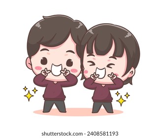 Cute lover couple spending time together. Boy and girl posing peace sign. Valentines day and relationships concept design. Chibi cartoon style vector illustration