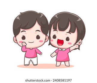 Cute lover couple spending time together. Boy and girl with greeting pose. Valentines day and relationships concept design. Chibi cartoon style vector illustration