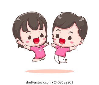 Cute lover couple spending time together. Happy Boy and girl jumping. Valentines day and relationships concept design. Chibi cartoon style vector illustration