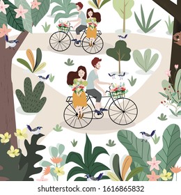 Cute a lover cycling in beautiful garden,illustration vector doodle comic art for any card.