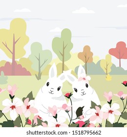 Cute a lover rabbit bunny looking pink flower in the forest,illustration vector doodle comic art for any card.