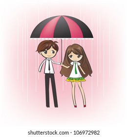 Cute lover teenage couple boyfriend girlfriend in the rain with under the same umbrella love dating with pink isolated background (cartoon vector)