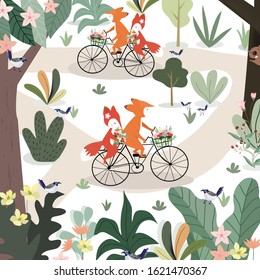 Cute a lover wolf fox cycling in beautiful forest,illustration vector doodle comic art.