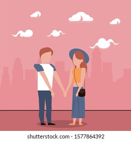 cute lovers couple characters in cityscape vector illustration design