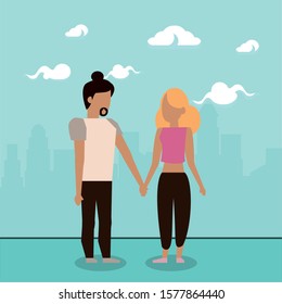 cute lovers couple characters with clouds vector illustration design