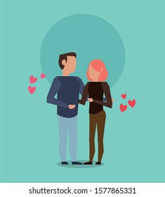 cute lovers couple characters with hearts love vector illustration design