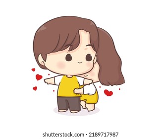 Cute lovers couple chibi cartoon character. Girl hugging her boy friend Happy valentine day