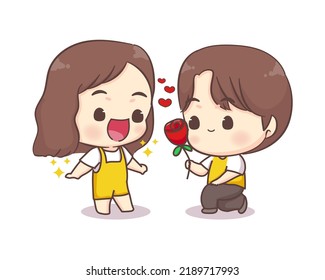 Cute lovers couple chibi cartoon character. Boy giving rose flower. Happy valentine day