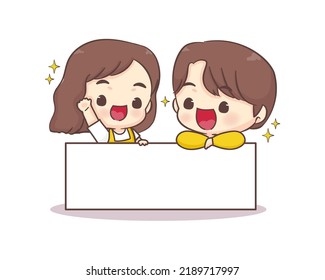 Cute lovers couple with empty space or white board. Happy valentine chibi cartoon character.