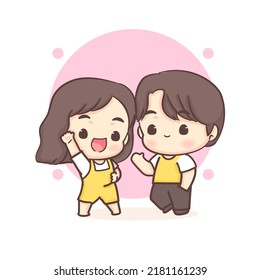 Cute lovers couple greeting pose. Happy valentine chibi cartoon character.