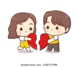 Cute lovers couple with love heart puzzle chibi cartoon character. Happy valentine day
