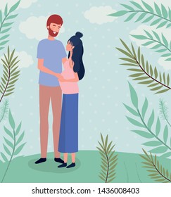 cute lovers couple pregnancy characters in the landscape