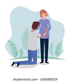 cute lovers couple pregnancy characters in the landscape