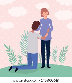 cute lovers couple pregnancy characters in the landscape