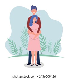 cute lovers couple pregnancy characters in the landscape