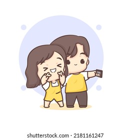 Cute lovers couple taking selfie together. Happy valentine chibi cartoon character.