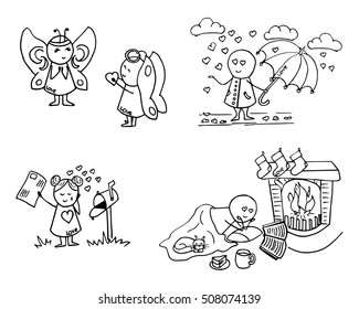 Cute lovers icons. Romantic set. Doodle vector Illustration.