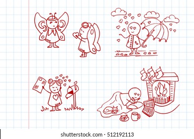 Cute lovers icons. Romantic set. Doodle vector Illustration on notebook page.