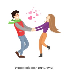 Cute lovers merrily hold each others stretched hands, young couple have fun together, pink hearts symbols of love among them vector illustration isolated