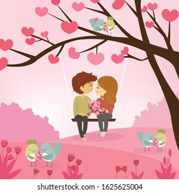 Cute lovers sit the swing in pink forest cartoon. illustration vector doodle comic art for any card.