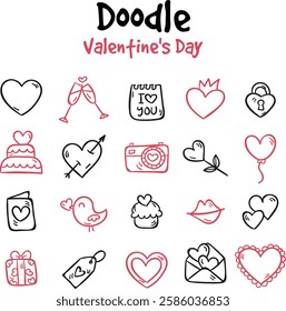 Cute love-themed doodles with romantic symbols and inscriptions for Valentine's Day.