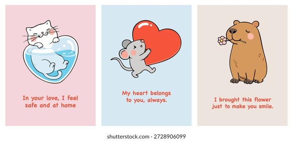 Cartaz vetor com tema de amor bonito definido com gato em um copo em forma de coração, rato abraçando um coração e capivara com uma flor. Ilustrações de animais doces para cartões de Dia dos Namorados, impressões, decoração infantil e desenhos românticos.
